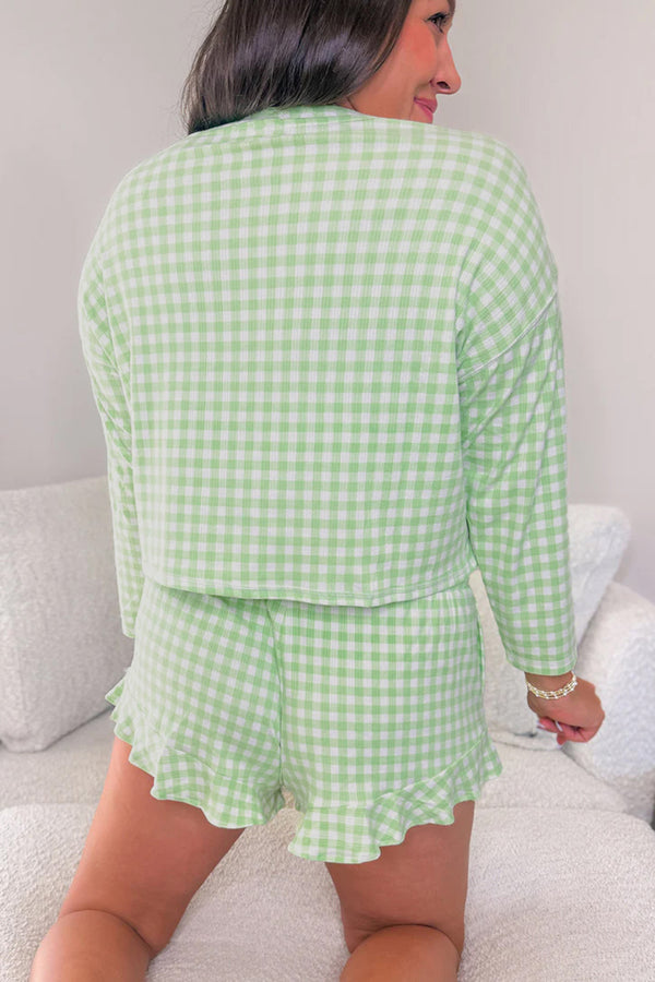 KaleaBoutique Stylish Gingham Long Sleeve Loose Top Drawstring Shorts 2pcs Lounge Set - KaleaBoutique.com