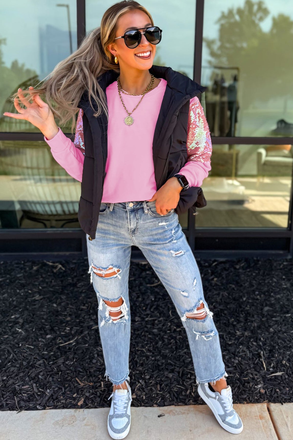 KaleaBoutique Stylish Long Sleeve Sequin Round Neck Pullover Top - KaleaBoutique.com