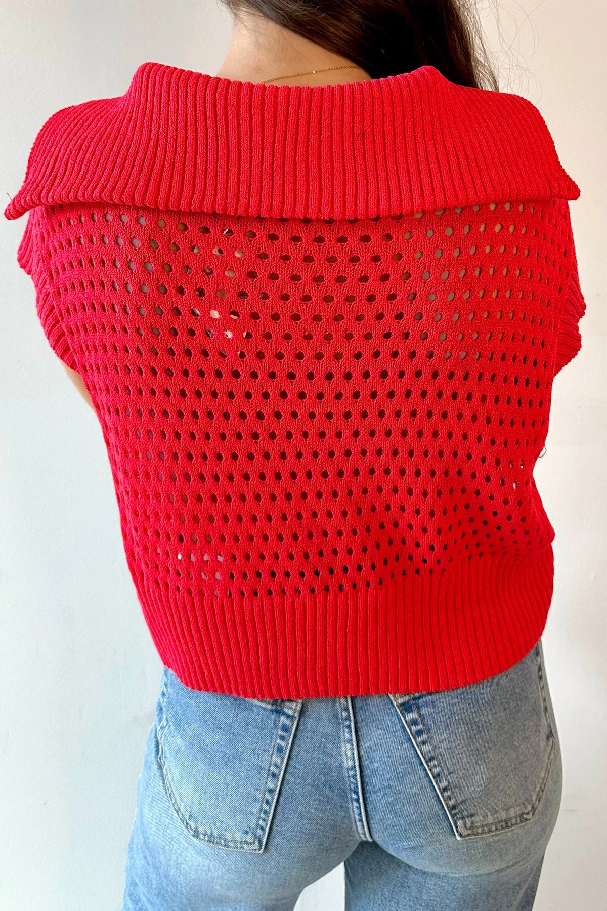 KaleaBoutique Stylish Solid Color Hollowed Knit Short Sleeve Zipper Collar Knitwear Top - KaleaBoutique.com