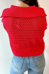 KaleaBoutique Stylish Solid Color Hollowed Knit Short Sleeve Zipper Collar Knitwear Top - KaleaBoutique.com