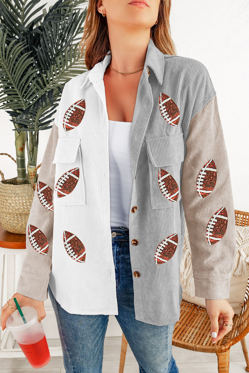 Stylish Sequin Rugby Graphic Flap Pockets Corduroy Shacket - KaleaBoutique.com