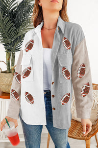 Stylish Sequin Rugby Graphic Flap Pockets Corduroy Shacket - KaleaBoutique.com