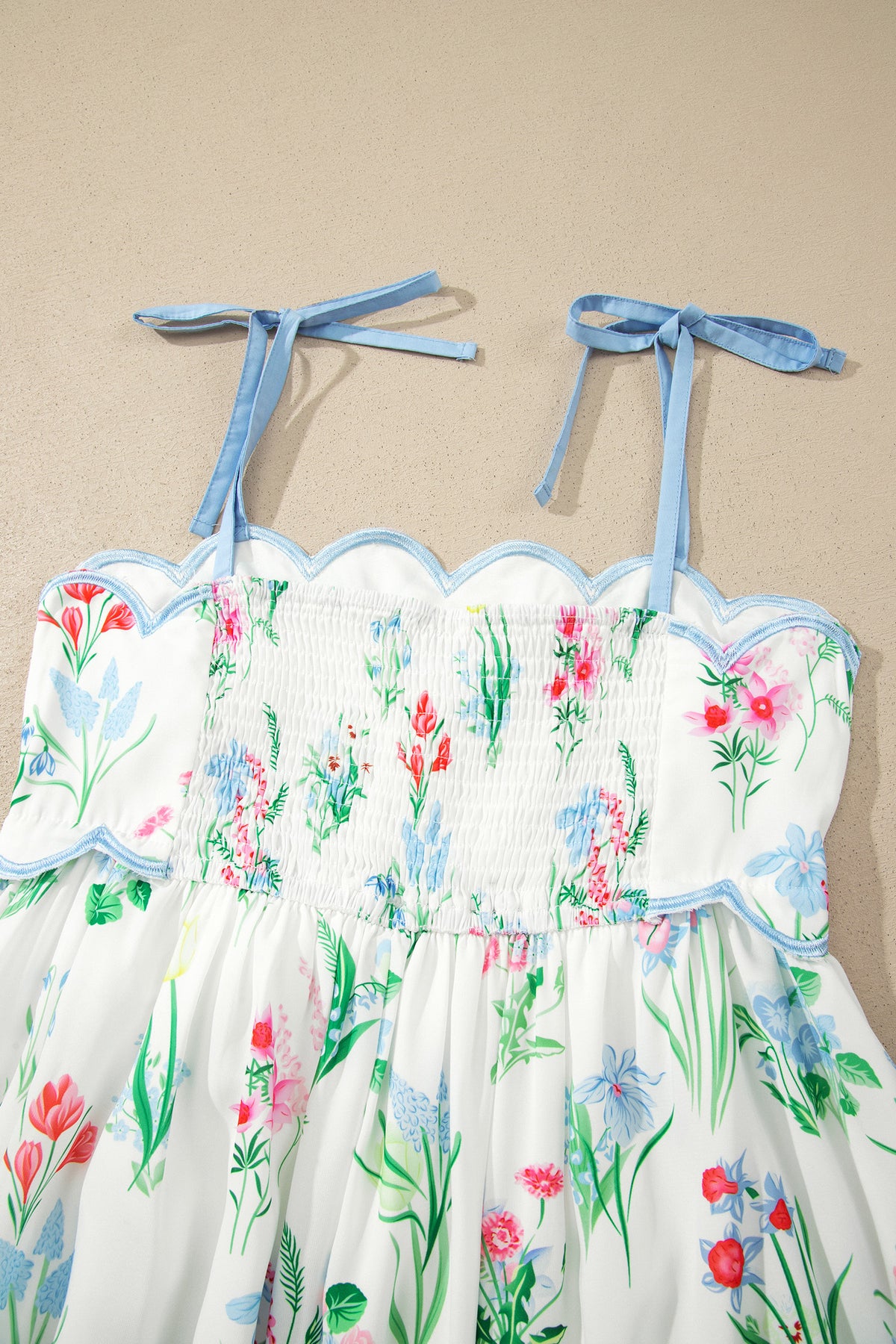 KaleaBoutique Stylish Floral Print Contrast Trim Self-tie Straps High Waist Midi Dress - KaleaBoutique.com