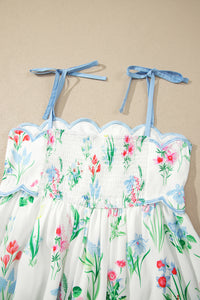 KaleaBoutique Stylish Floral Print Contrast Trim Self-tie Straps High Waist Midi Dress - KaleaBoutique.com