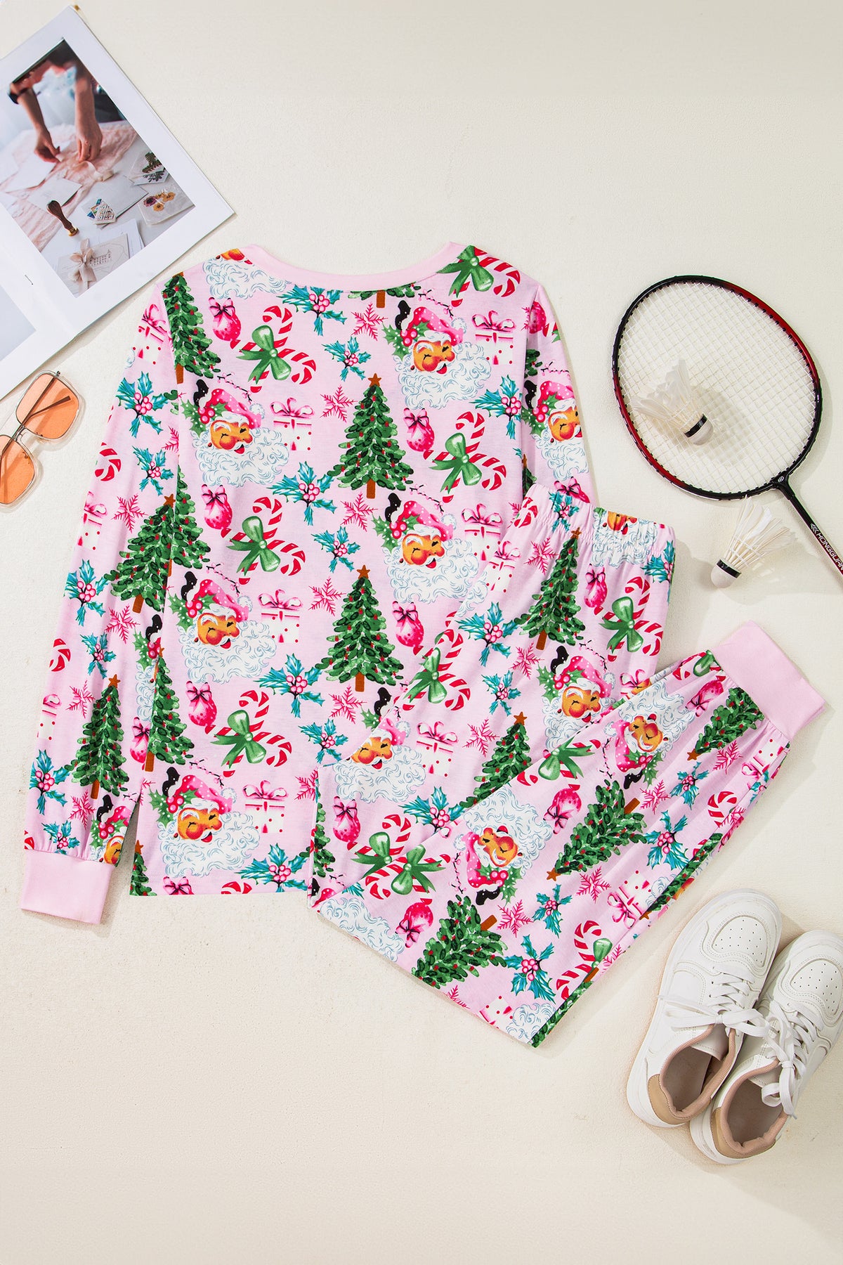 KaleaBoutique Comfortable Christmas Pattern Button V Neck Pullover Drawstring Pants 2pcs Lounge Set - KaleaBoutique.com