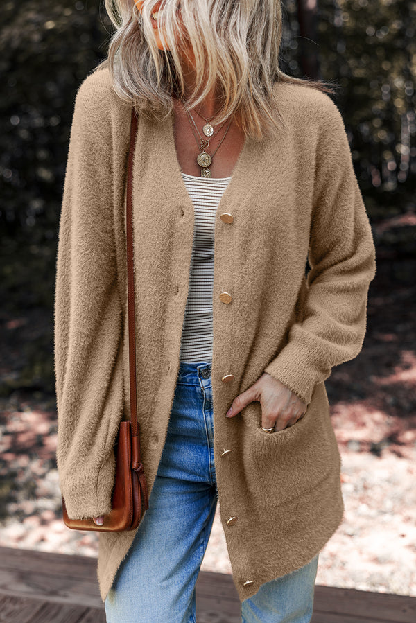 KaleaBoutique Comfortable Fuzzy Buttoned Front Midi Solid Cardigan - KaleaBoutique.com