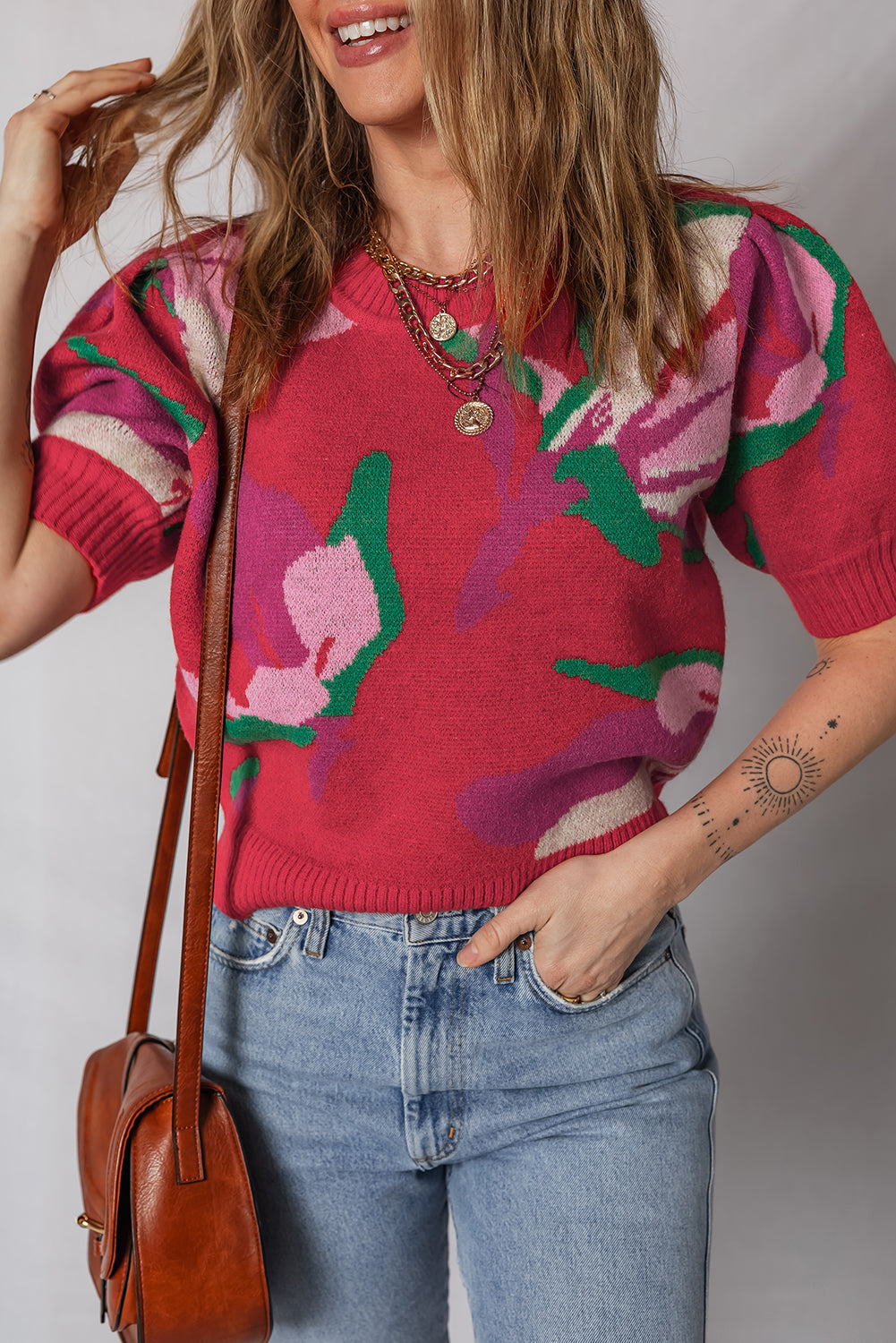 KaleaBoutique Comfortable Floral Abstract Print Short Puff Sleeve Sweater - KaleaBoutique.com