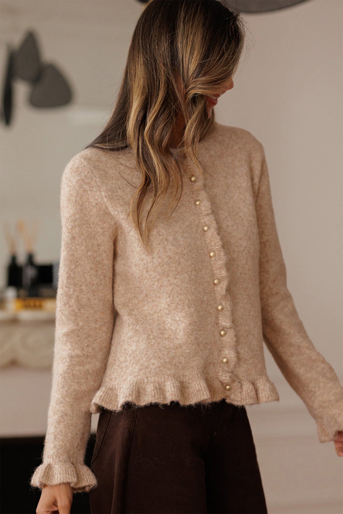 KaleaBoutique Comfortable Ruffle Trim Gold Button Sweater Cardigan - KaleaBoutique.com