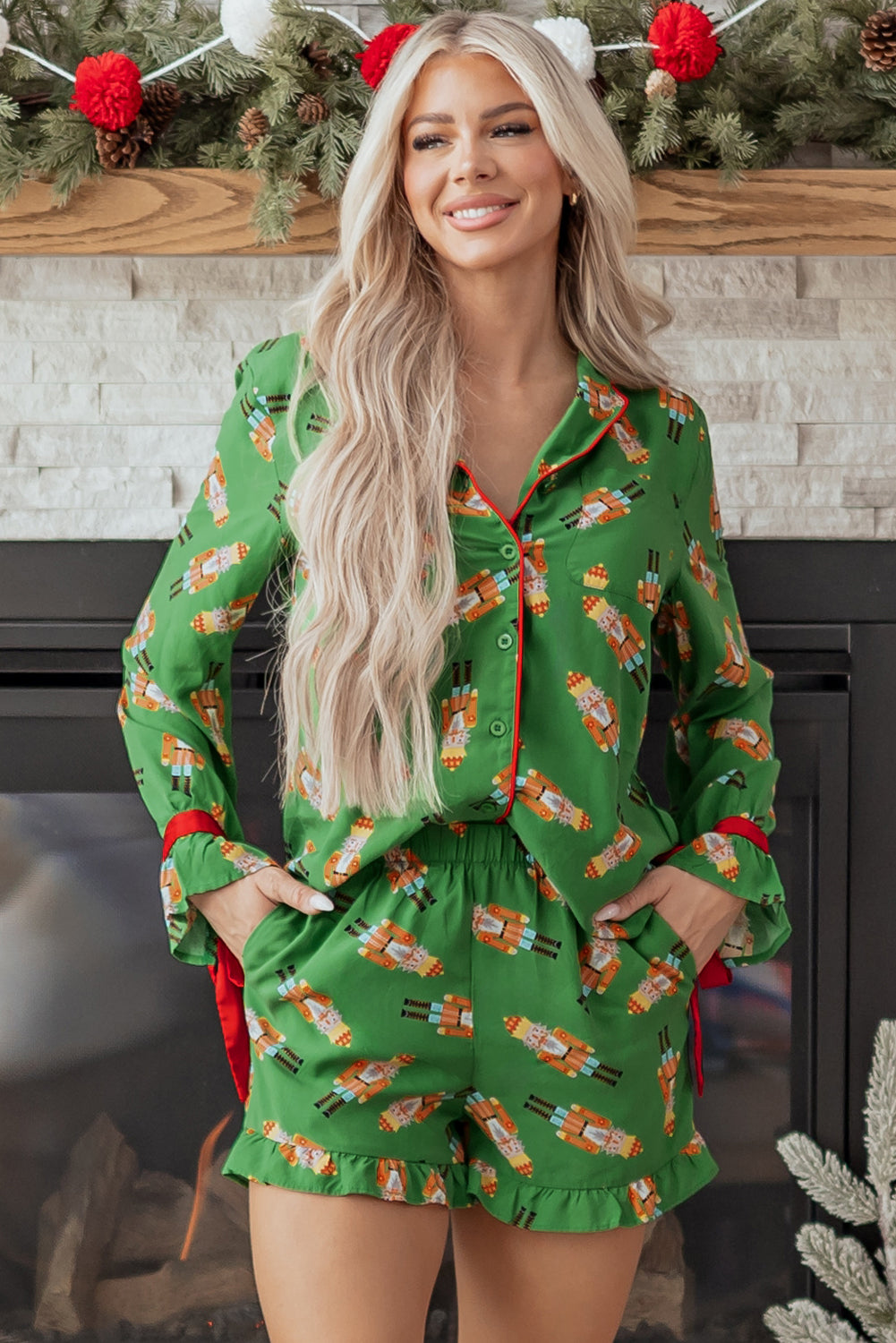 KaleaBoutique Stylish Christmas Candy Contrast Trim Bow Knot Silky 2pcs Pajama Set - KaleaBoutique.com