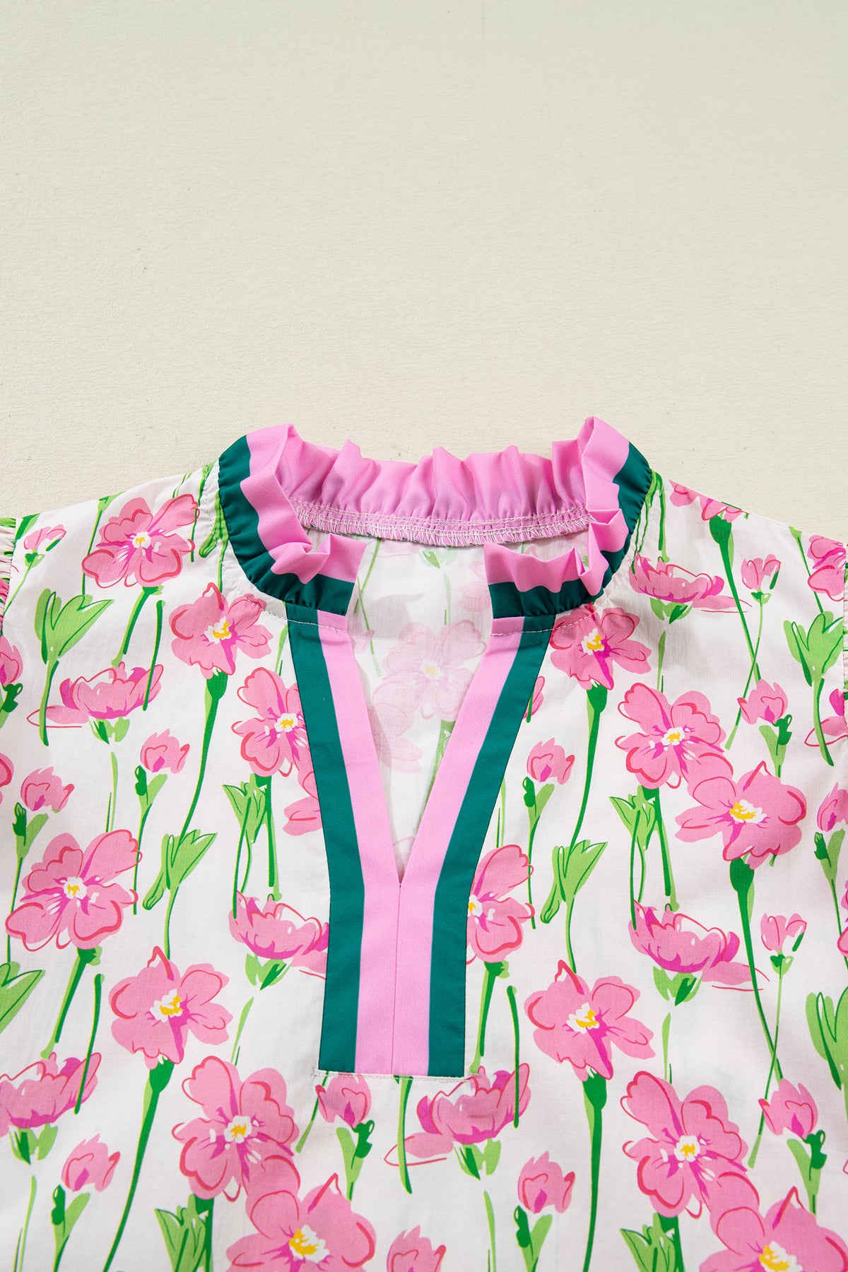 KaleaBoutique Floral Print Contrast Trim V Neck Double Ruffled Short Sleeve Blouse - KaleaBoutique.com