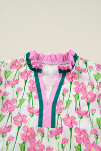 KaleaBoutique Floral Print Contrast Trim V Neck Double Ruffled Short Sleeve Blouse - KaleaBoutique.com