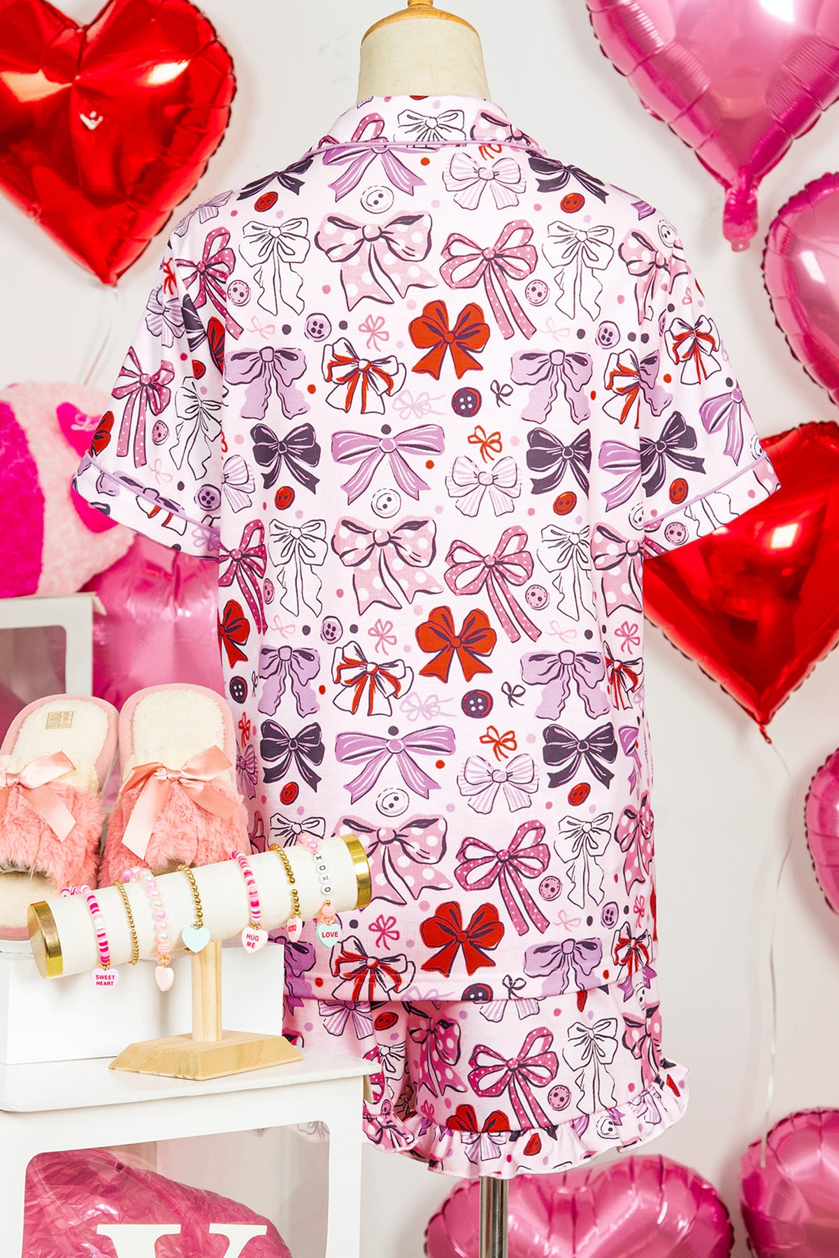 KaleaBoutique Stylish Cute Ribbon Bows Printed 2pcs Short Pajama Set - KaleaBoutique.com