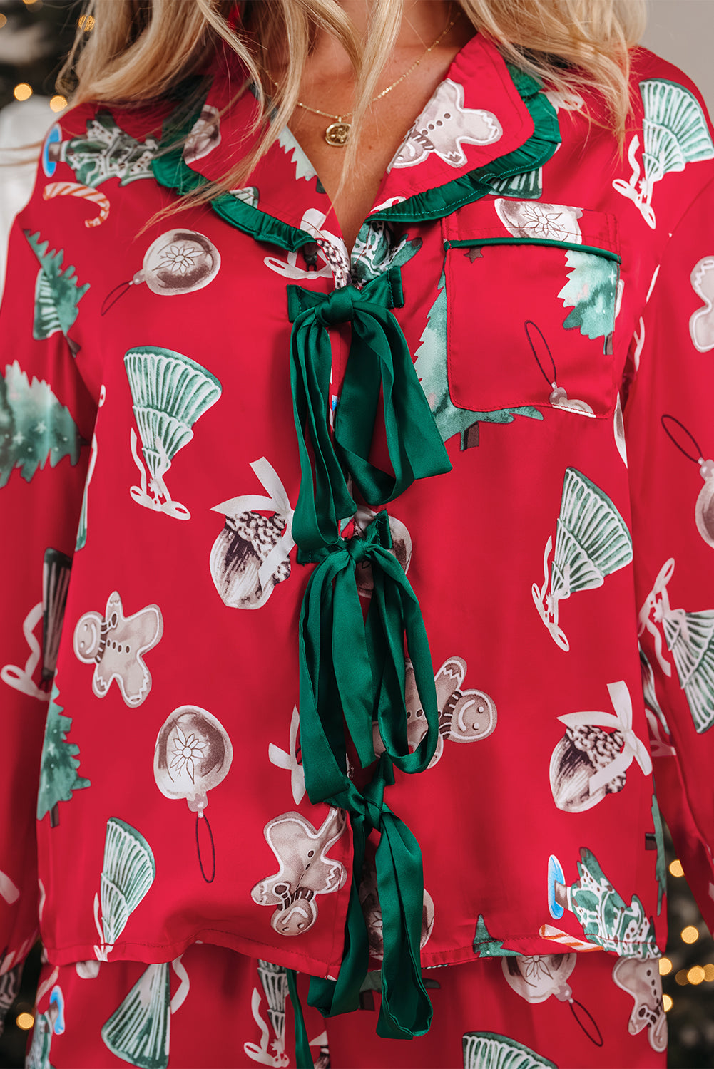 KaleaBoutique Comfortable Christmas Fashion Print Contrast Ruffle Trim Ribbon Bow Knot 2pcs Pajama Set - KaleaBoutique.com