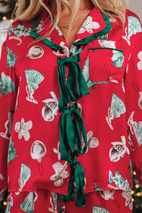 KaleaBoutique Comfortable Christmas Fashion Print Contrast Ruffle Trim Ribbon Bow Knot 2pcs Pajama Set - KaleaBoutique.com