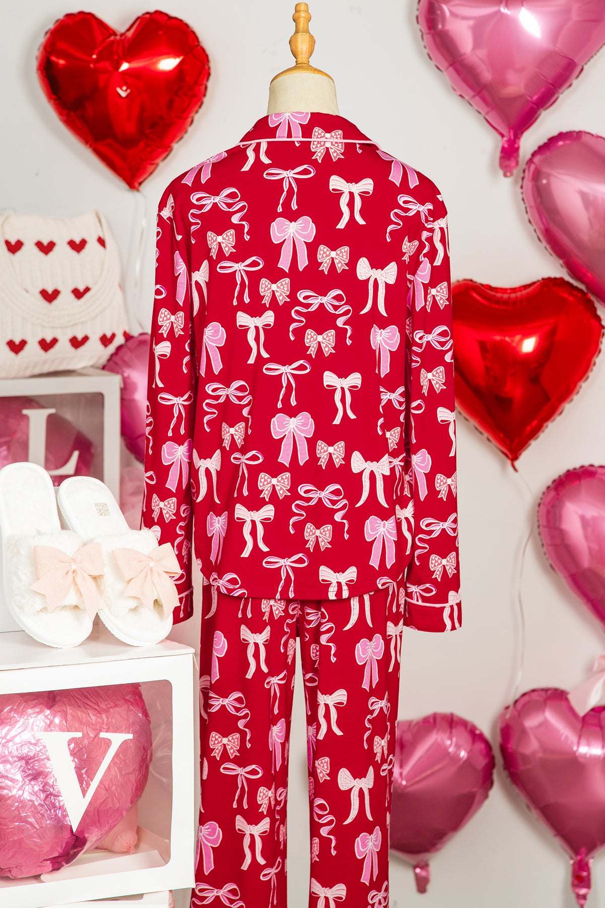 KaleaBoutique Comfortable Sweet Bow Print Shirt Style Top Long 2pcs Pajama Set - KaleaBoutique.com