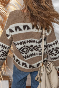 KaleaBoutique Stylish Ethnic Geometric Pattern Button Front V Neck Sweater Cardigan - KaleaBoutique.com
