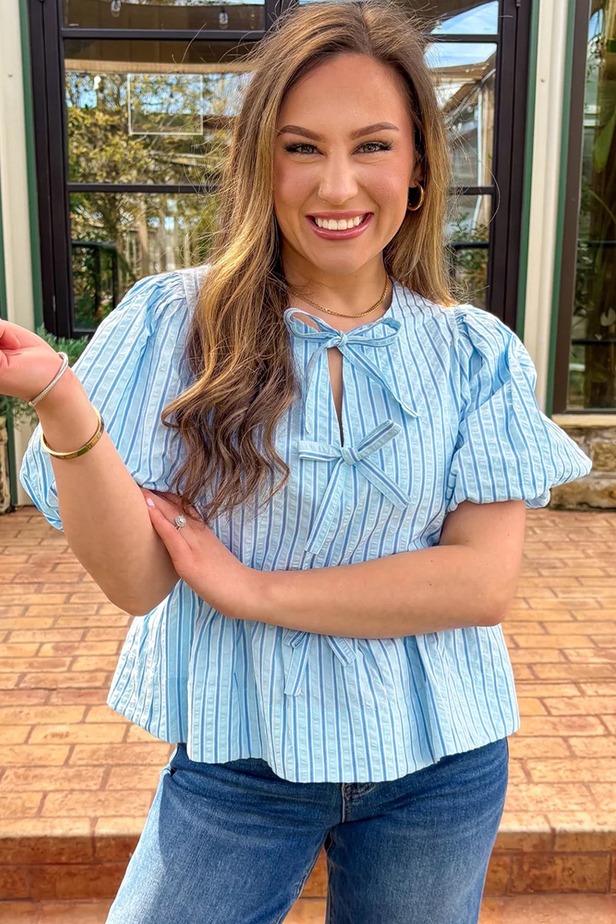 Bow Knot Textured Short Puff Sleeve Babydoll Blouse - KaleaBoutique.com