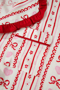 KaleaBoutique Stylish Sweet Floral Heart Bow Print Contrast Trim Long Sleeve Shirt Pajama Short Set - KaleaBoutique.com