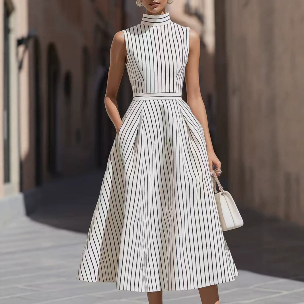 Women's Sleeveless High-Neck Striped Pleated Midi Dress with Pockets - KaleaBoutique.com