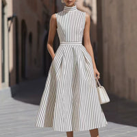Women's Sleeveless High-Neck Striped Pleated Midi Dress with Pockets - KaleaBoutique.com