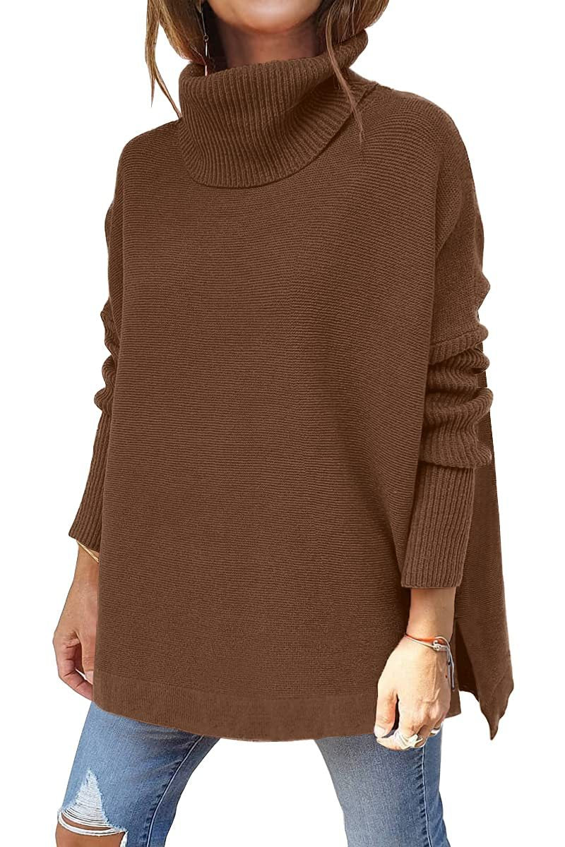 Turtleneck Sweater Mid Length Batwing Sleeve Slit Hem Tunic Pullover Sweaters Winter Tops Women Clothing - KaleaBoutique.com