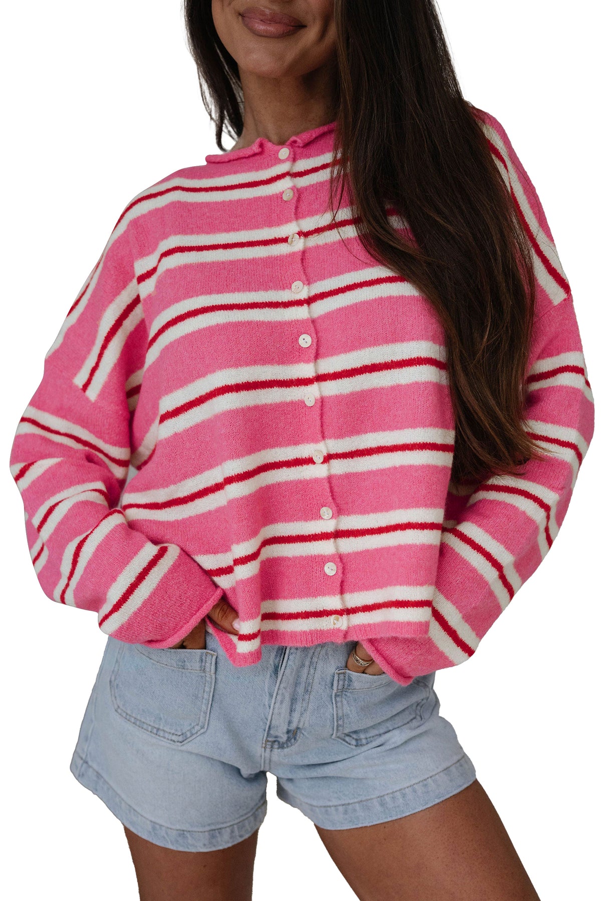 KaleaBoutique Comfortable Striped Drop Shoulder Button Cardigan - KaleaBoutique.com