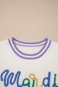 KaleaBoutique Comfortable Mardi Gras Tinsel Letter Graphic Short Sleeve Sweater - KaleaBoutique.com