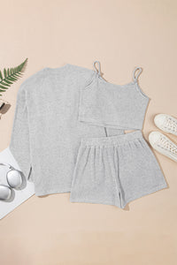 KaleaBoutique Stylish 3 Pieces Rib Crop Camisole Matching Shorts Lounge Set with Cardigan - KaleaBoutique.com