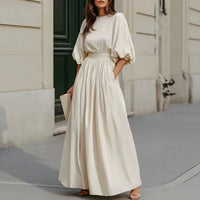 Women's Round-Neck Lantern-Sleeve Maxi Dress with Pockets - KaleaBoutique.com