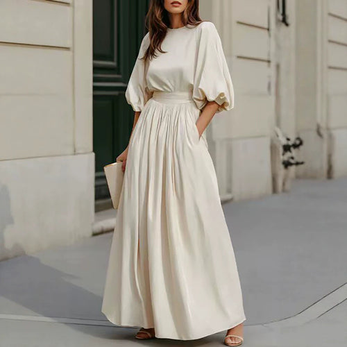 Women's Round-Neck Lantern-Sleeve Maxi Dress with Pockets - KaleaBoutique.com