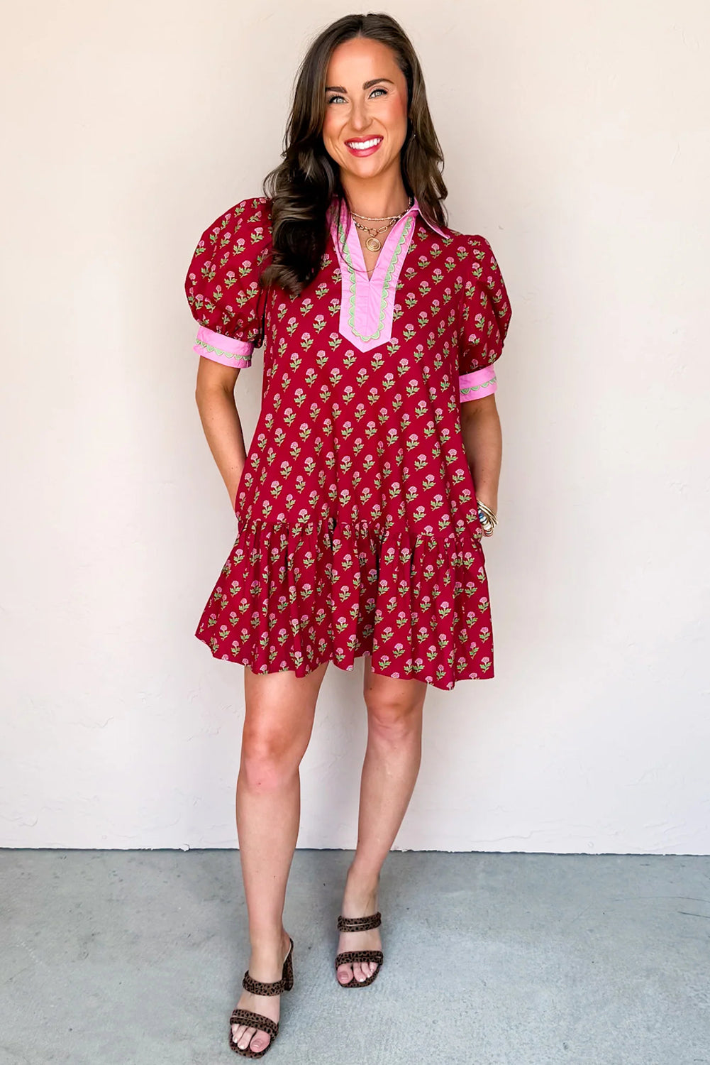Floral Print Contrasted V Neck Short Bubble Sleeve Mini Dress - KaleaBoutique.com