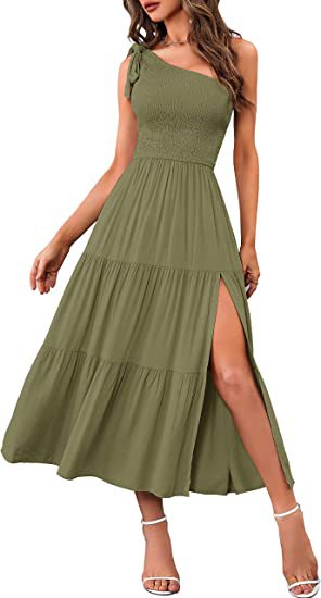 New Summer Fashion Women's One-shoulder Pleated Layered Hem Split Dress - KaleaBoutique.com