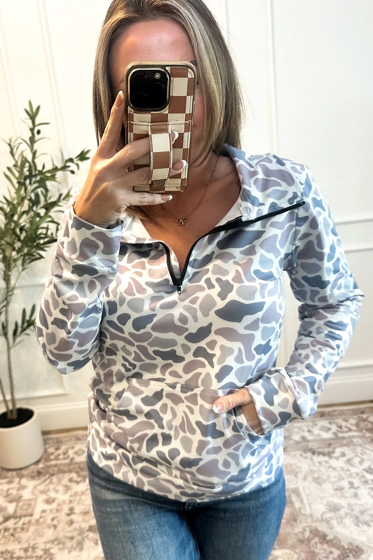 Camouflage Print Kangaroo Pocket Zip Collar Pullover Sweatshirt - KaleaBoutique.com