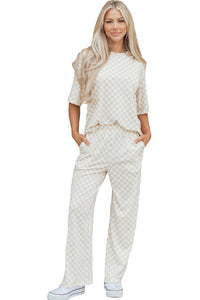 KaleaBoutique Comfortable Checkered Print Half Sleeve Tee 2pcs Lounge Pant Set - KaleaBoutique.com