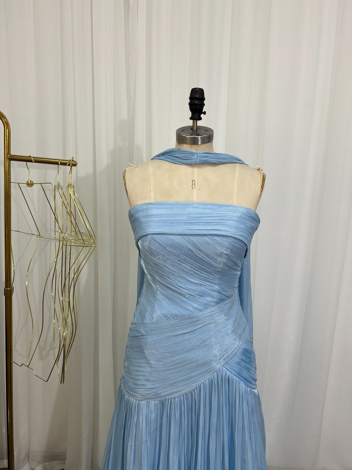 Pleated Strapless Evening Gown With Neck Sash Train - KaleaBoutique.com