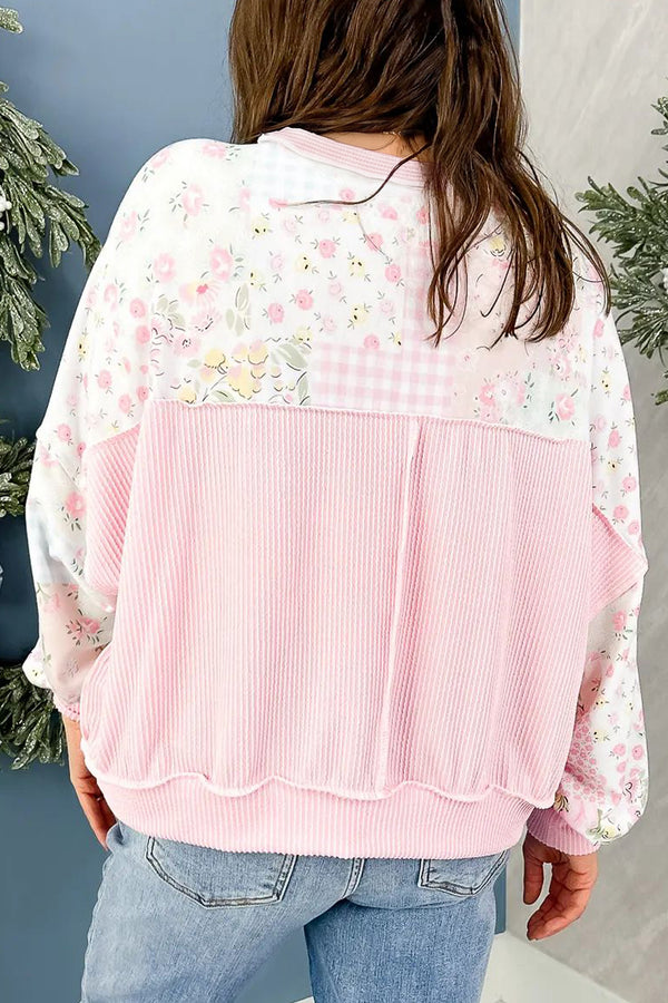 KaleaBoutique Stylish Twisted Ribbed Trim Floral Print Patchwork Long Sleeve Top - KaleaBoutique.com