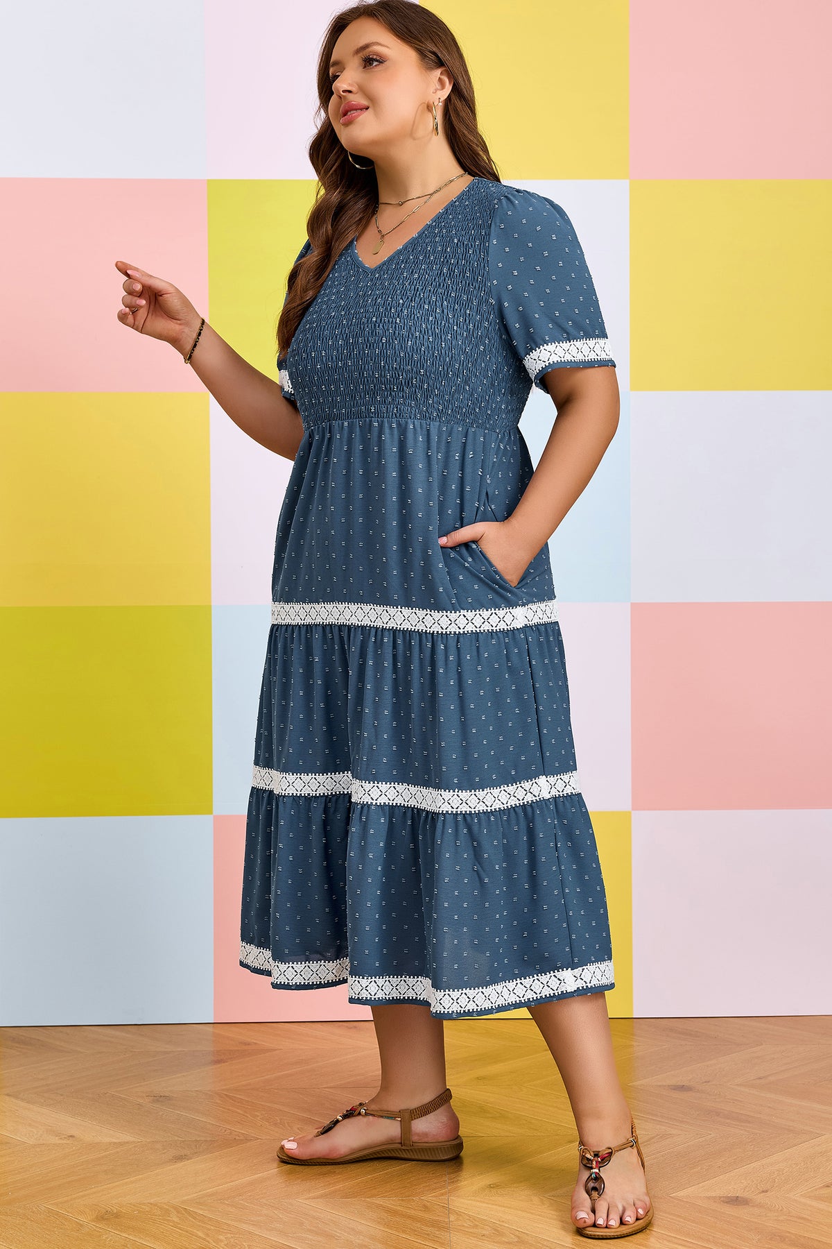 Dusk Blue Plus Size Swiss Dot Lace Tiered Midi Dress - KaleaBoutique.com