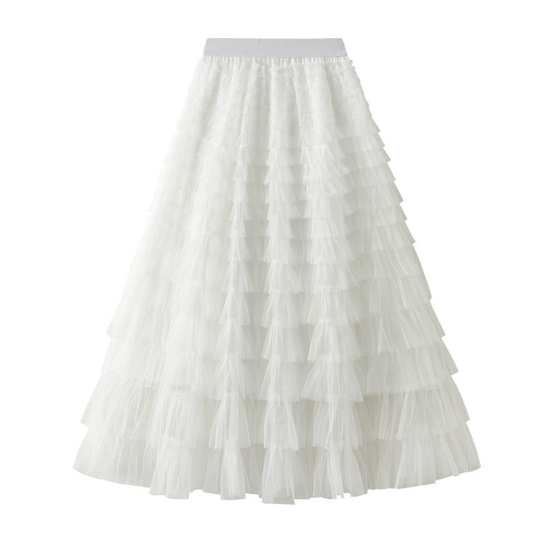 A-Line Mesh Ruffle Skirt Women's Temperament Sweet Long Skirt Slim Cupcake Dress Womens Clothing - KaleaBoutique.com