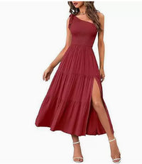 New Summer Fashion Women's One-shoulder Pleated Layered Hem Split Dress - KaleaBoutique.com
