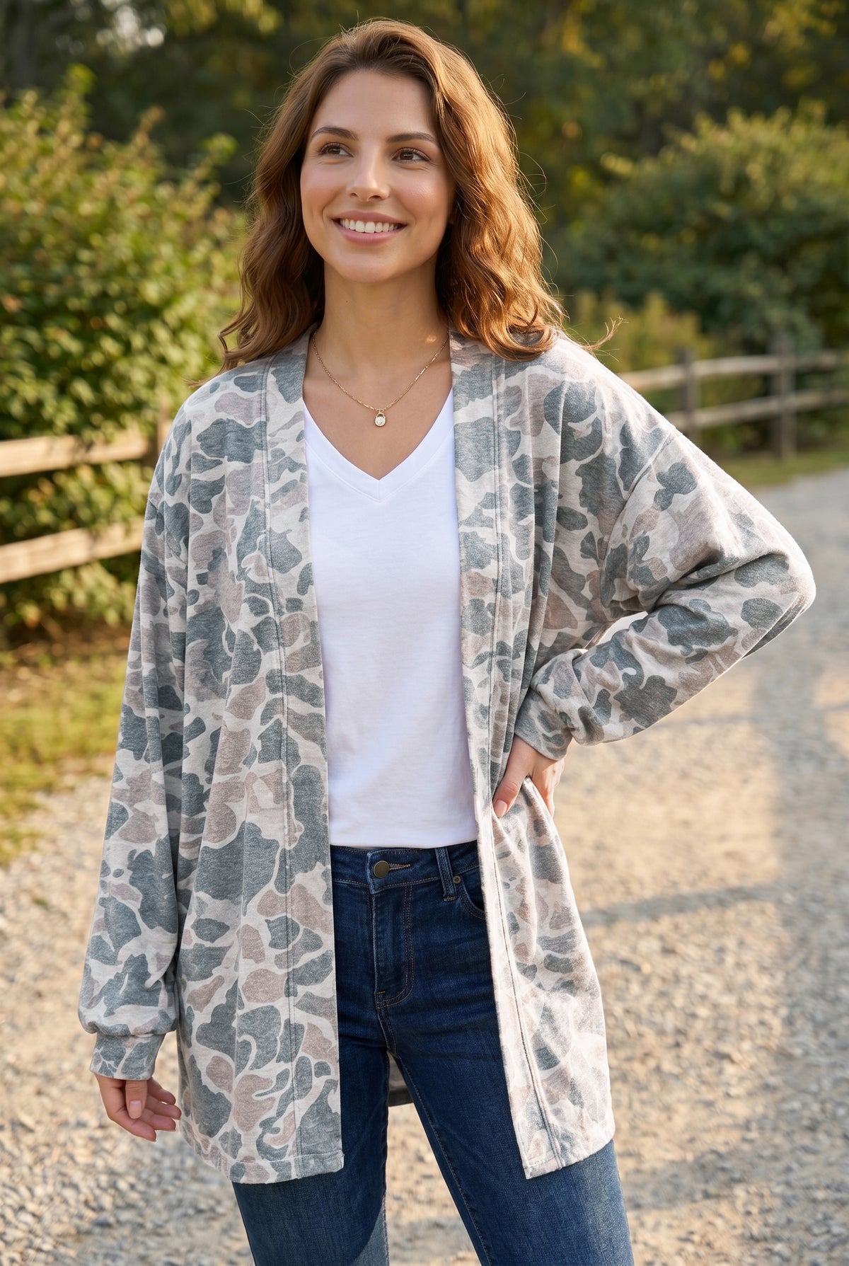 KaleaBoutique Stylish Camouflage Print Long Sleeve Open Front Tunic Cardigan - KaleaBoutique.com