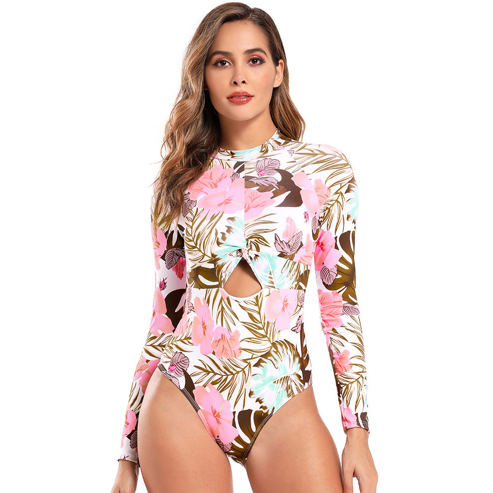 Women Tropical Floral Long-Sleeve Cutout One-Piece Swimsuit - KaleaBoutique.com