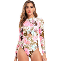 Women Tropical Floral Long-Sleeve Cutout One-Piece Swimsuit - KaleaBoutique.com
