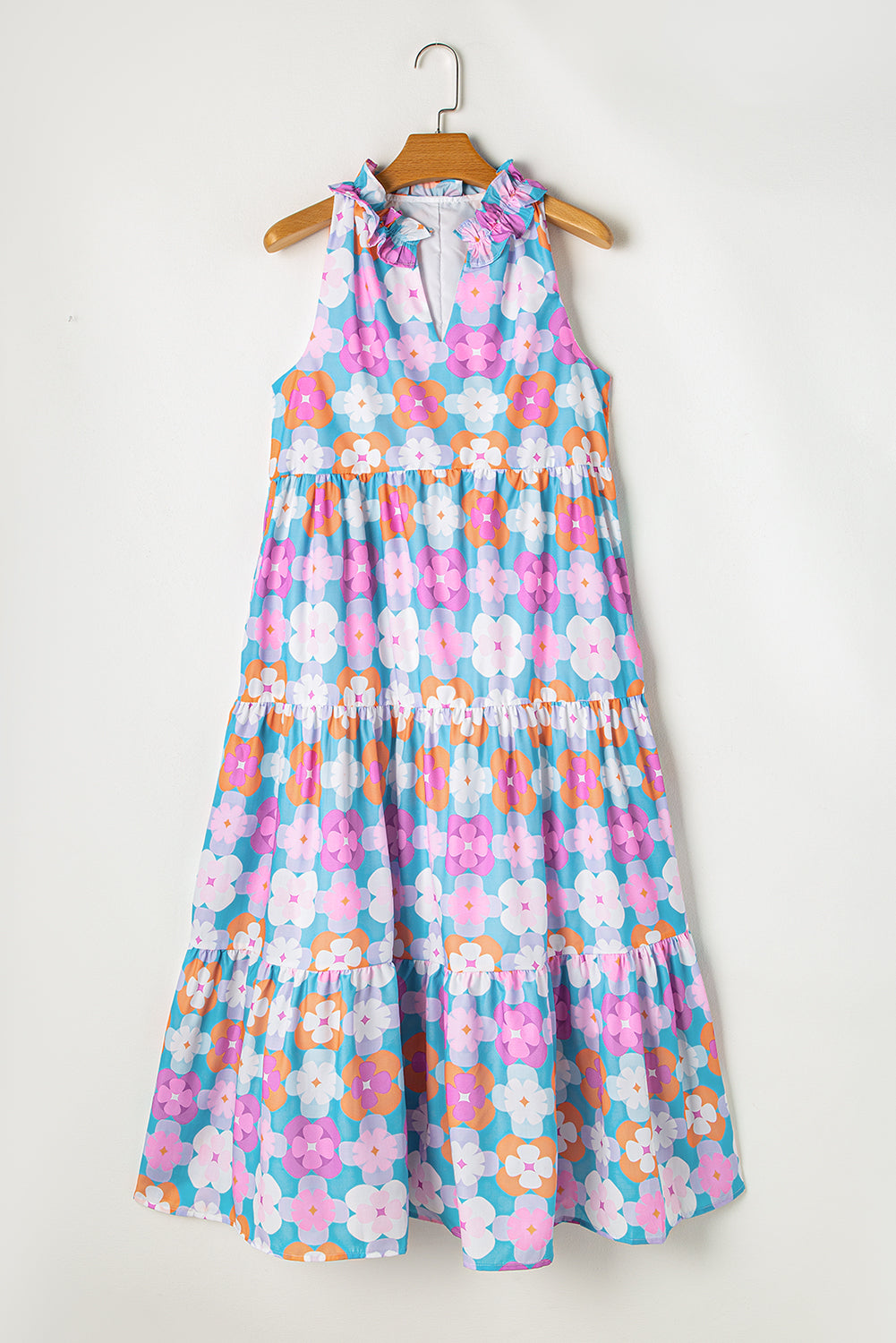 Floral Print Frilly Neck Sleeveless Tiered Maxi Dress - KaleaBoutique.com
