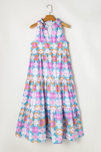 Floral Print Frilly Neck Sleeveless Tiered Maxi Dress - KaleaBoutique.com