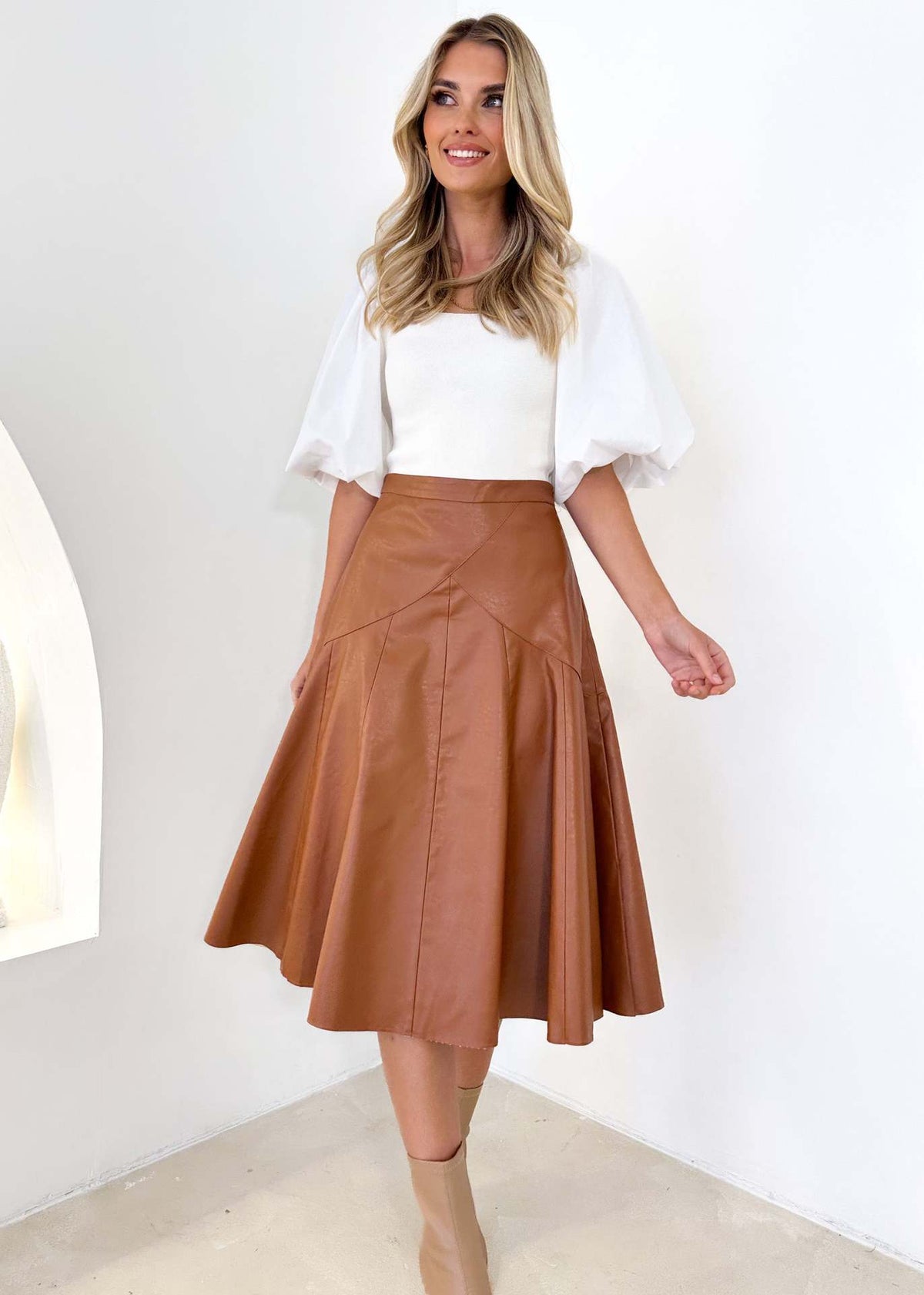 Women's High-Waist PU Leather Pleated Midi Skirt - KaleaBoutique.com