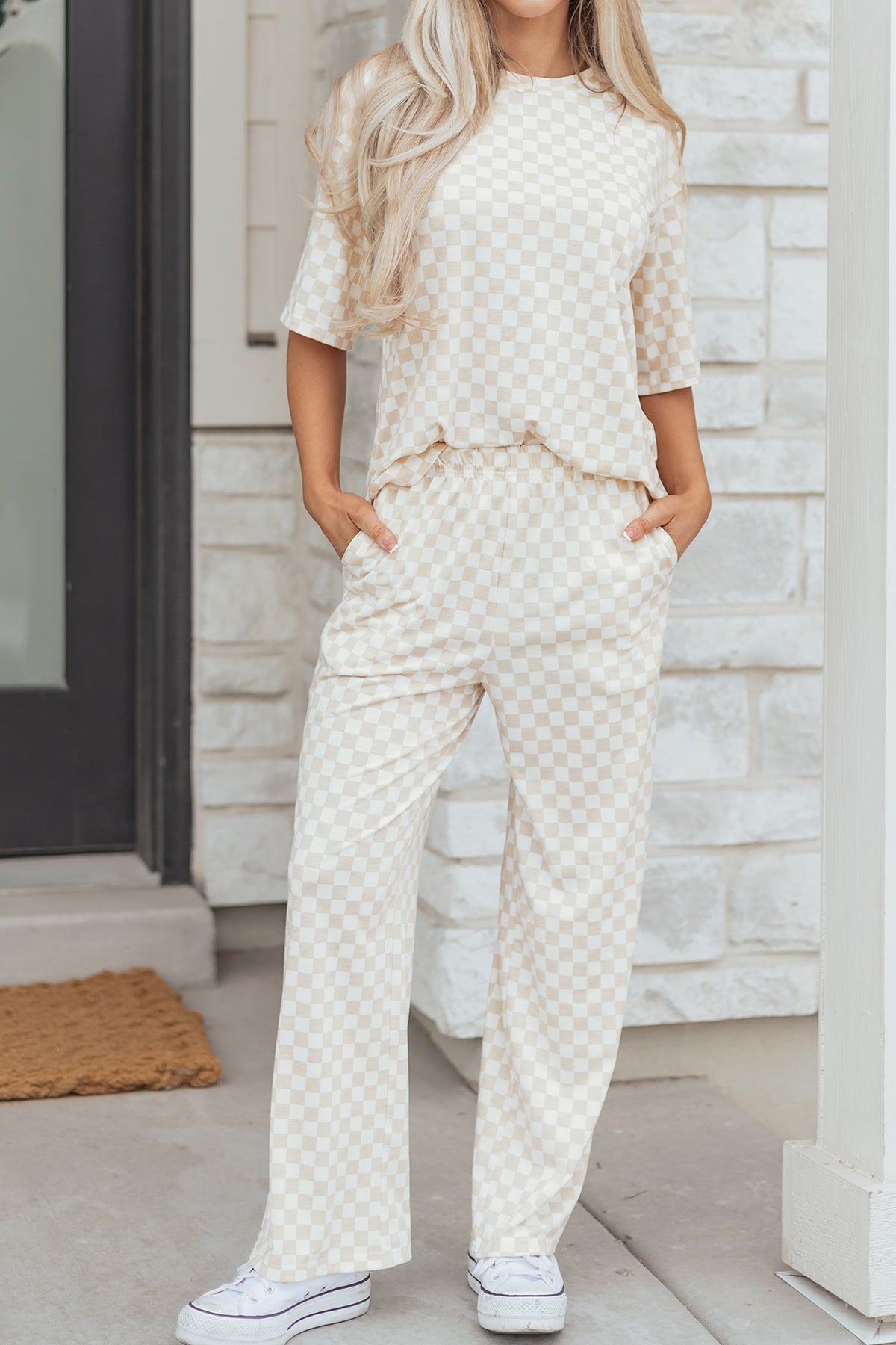 KaleaBoutique Comfortable Checkered Print Half Sleeve Tee 2pcs Lounge Pant Set - KaleaBoutique.com