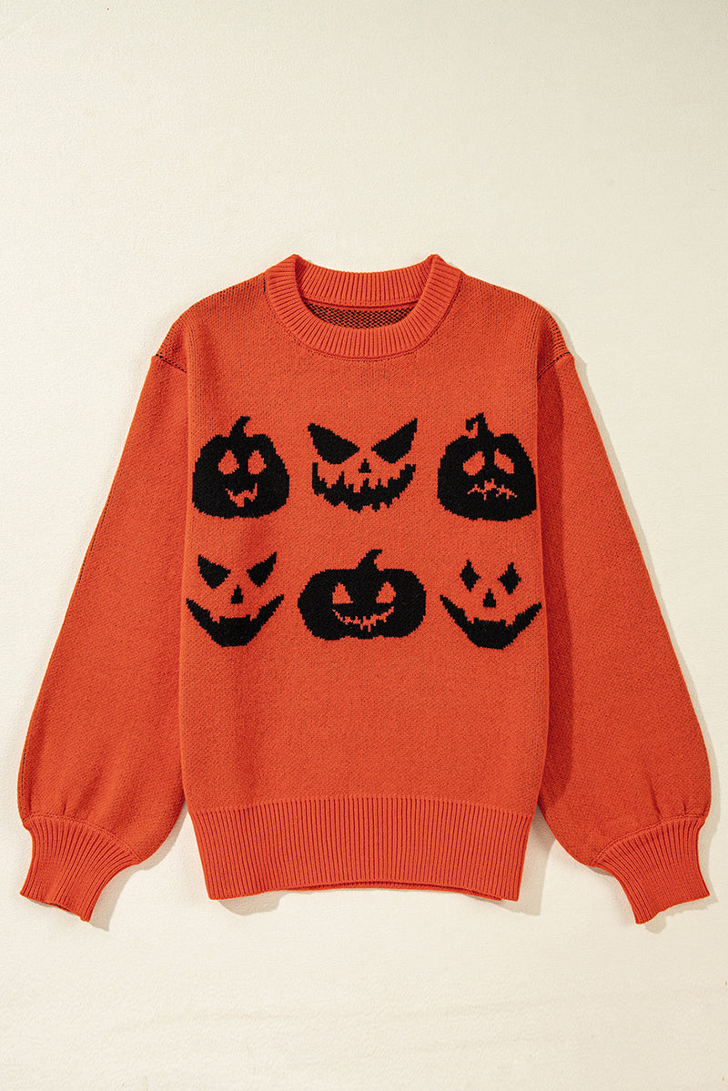 KaleaBoutique Halloween Pumpkin Face Pattern Drop Shoulder Sweater - KaleaBoutique.com