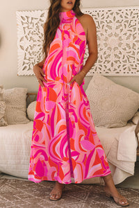 KaleaBoutique Stylish Abstract Printed High Neck Knotted Nape Sleeveless Maxi Dress - KaleaBoutique.com