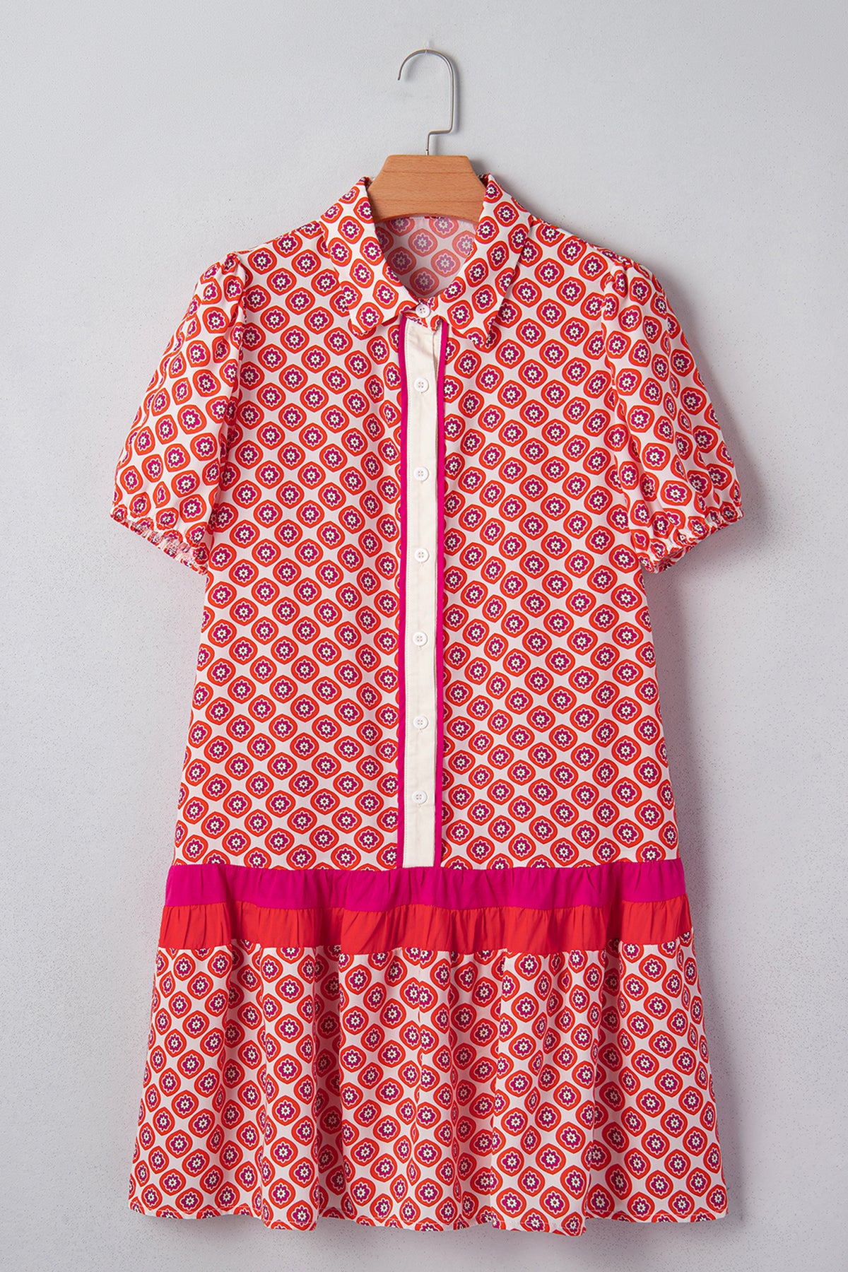KaleaBoutique Stylish Geometric Floral Print Color Block Trim Button Front Ruffle Hem Dress - KaleaBoutique.com