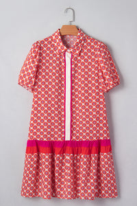 KaleaBoutique Stylish Geometric Floral Print Color Block Trim Button Front Ruffle Hem Dress - KaleaBoutique.com